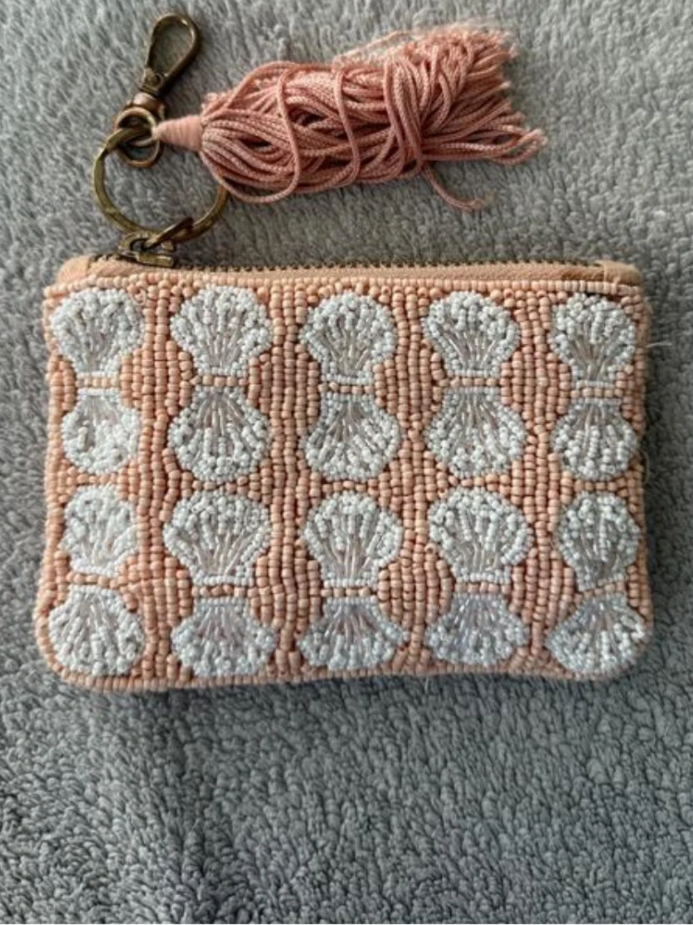 🐚✨ NWT Anthropologie Fiona Beaded Coin Purse Pink Shell Keychain Tassel 🎀